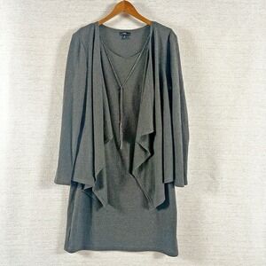 R&K Size 16 Gray Ribbed Knit‎ Tank Sweater Dress Open Front Cardigan Necklace